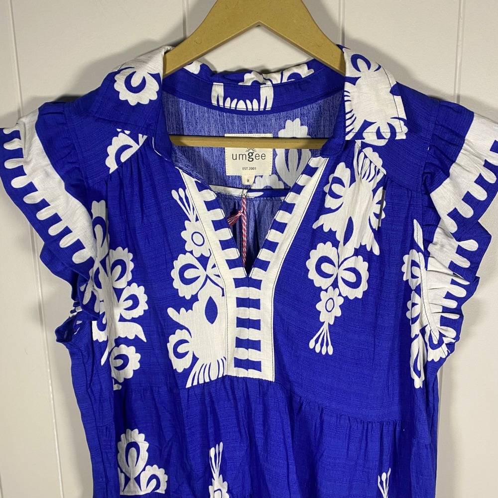 NWT Umgee Blue Medallion Tiered Babydoll Mini Dress Ruffle Sleeve Womens Medium - Picture 5 of 9